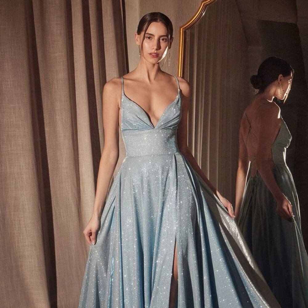 New Formal A-Line Glitter Prom Long Dress w/ Open Lace Up Back & V-Neck CD T214